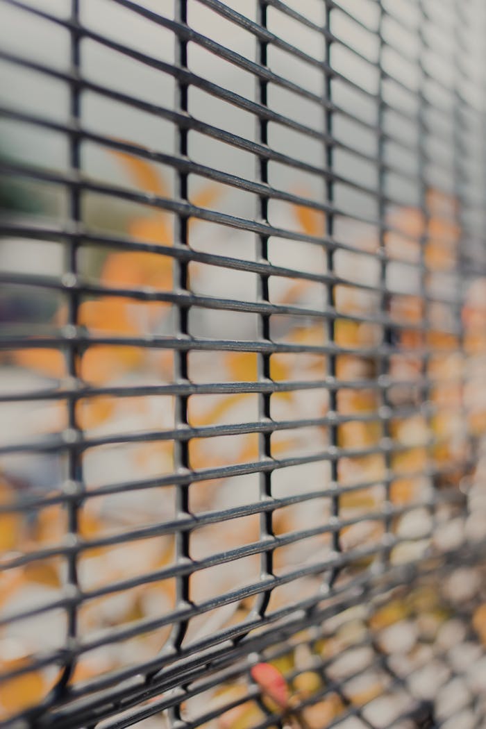 Detailed close-up of a metal fence with a blurred backdrop, emphasizing pattern and structure.